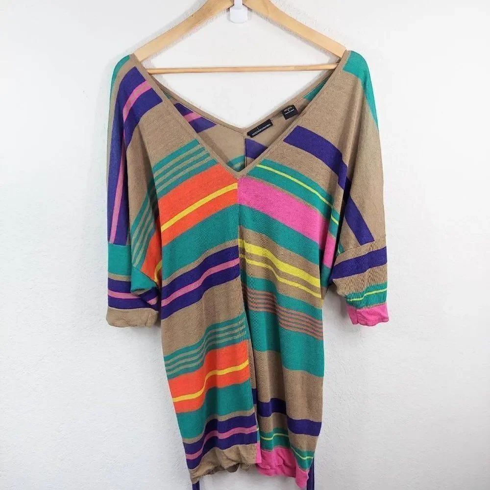 Moda International Womens Tunic Top Multicolor Stripe V Neck Belted 3/4 Sleeve L